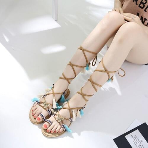 Roman Womens Shoes flat Bohemian Ethnic Style Sandals crossover strap Tassels Sandals Tourist Beach Shoes Gladiator Sandals