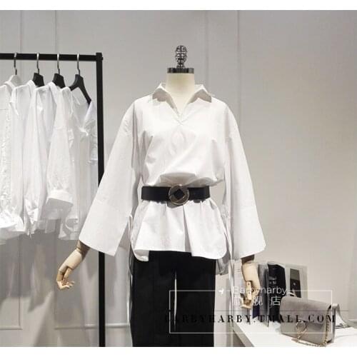 Autumn new fashion v-neck nine quarter sleeve chiffon shirt womens white pure color shirt lady loose chic shirt TB3204