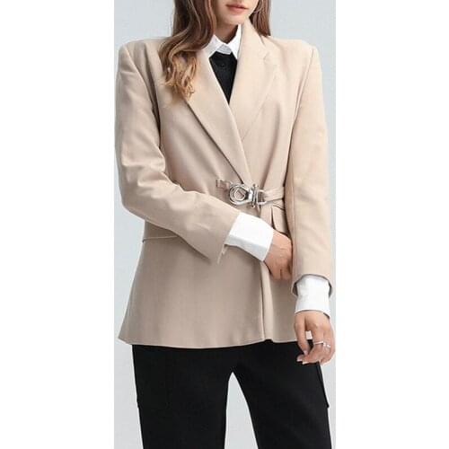 Elegant New Metal Buckle Lock Belted Waist Women Suit Blazer OL Fashion Blazer Jacket