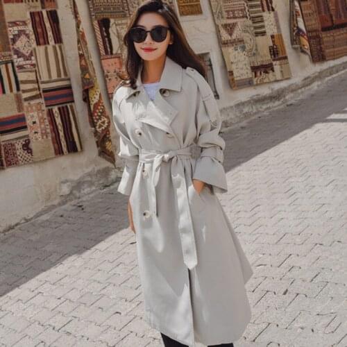 Beige Trench Coat Womens Raincoat Long Streetwear Overcoat Feminino New Elegant Autumn Fashion Turn-down Collar Bat Sleeved