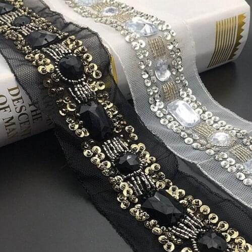 2y Pearl Rhinestone Beaded Gold Silver Paillette Sequin Lace Trim Mesh Fabric DIY Sewing Clothes Collar Dress Dentelle Applique