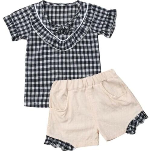 2PCS Kids Toddler Baby Girls Outfits Plaid Clothes Shirt Tops+Shorts Pants Set Outfits Clothes Bowknot Plaid Set