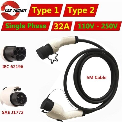 32A EV Charger Cable Type 1 to Type 2 IEC 62196 Convertor SAE J1772 Adapter EVSE Electric Vehicle Car Charging Station 110V-250V