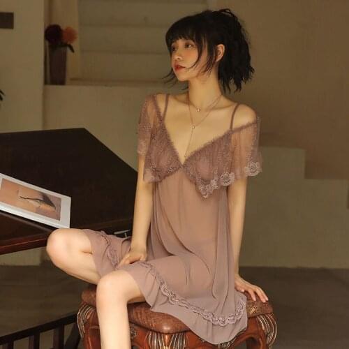 Camisones De Mujer Pijamas Women Sexy Lingerie Sleepwear Mesh Sling Nightdress V-Neck Lace Homewear Femme Nightgown Underwear