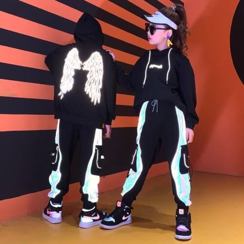 Kid Fashion Hip Hop Clothing Reflective Hoodie Sweatshirt Top Cargo Pants for Girls Boys Jazz Dance Costume Clothes Street Wear