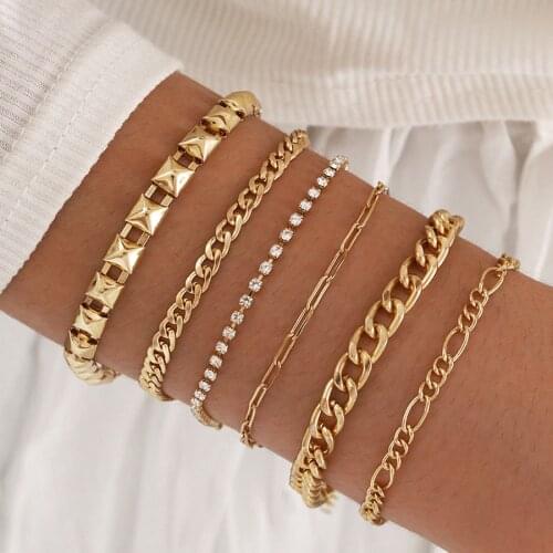 DIEZI Vintage Multilayer Gold Color Thick Chain Bracelets For Women Simple Fashion Crystal Rhinestone Bracelet Sets Jewelry
