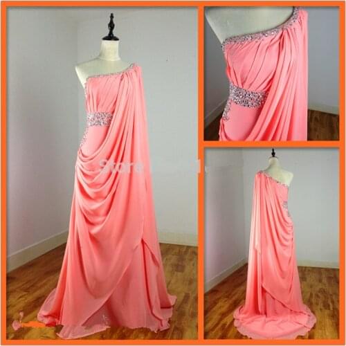 Actual lmages summer style Long Prom dresses 2015 New style Chiffon Vestidos One shoulder Beaded Sequined Crystal Evening dress