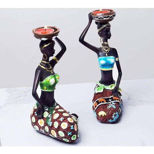HOT 2PCS/Set Sculpture Candleholder African Figurines Candle Holder For Dining Room Decoration Desk Accessories Minimalist Decor