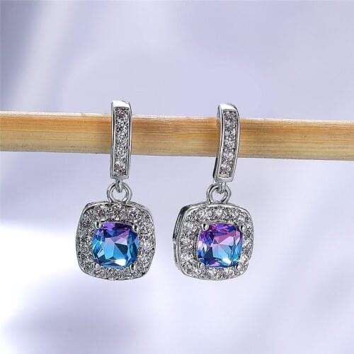 Dainty Female Rainbow Crystal Drop Earrings Cute Silver Color Dangle Earrings Vintage Bridal Square Wedding Earrings For Women