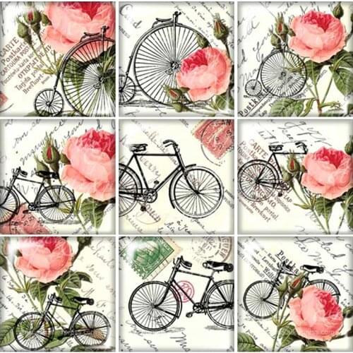 Beauty Vintage Flowers bicycle Square glass cabochon 10pcs mixed 12mm/20mm/25mm/30mm Size flat back DIY Jewelry Findings FB0055