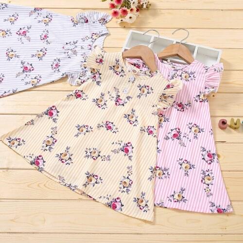 2021-03-24 Lioraitiin 2-6Years Toddler Baby Girl Summer Off Shoulder Short Sleeve Floral Printed O-Neck Dress For Cute Kids