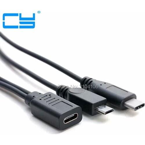 Hot Type-C to Type-C&Micro 5P Female to 2 Male Y Splitter Charging Extension Cable