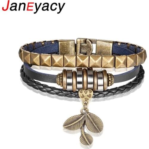 Janeyacy 2018 NEW Fashion Multilayer Charm Leaf Mens Bracelet Women Leather Bracelets Wristbands Bracelets Bracelets Pulaseras