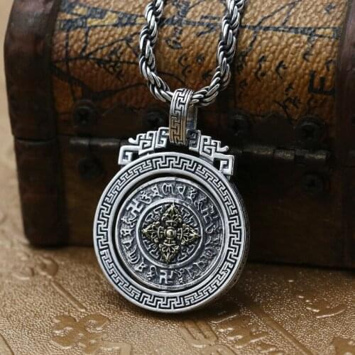 Wholesale S925 Sterling Silver Vajrapani Rotary Pendants Thai Silver Retro Men And Women Six Words Mantra Transfer Chain Pendant
