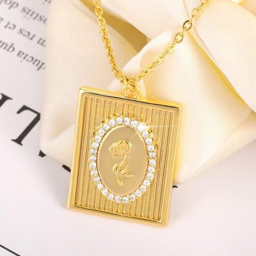 Zircon Poppy Necklace For Women Girl Square Pendant Stainless Steel Choker Chain Boho Jewelry Gifts Collier Bijoux Femme BFF