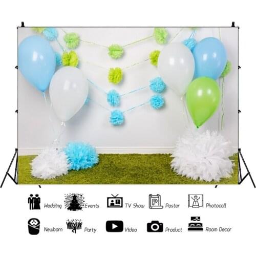 Simple Blue White Balloons Grass Portrait Photography Backdrop One Year Birthday Photo Background Vinyl Photocall Booth Props