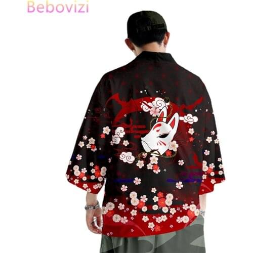 Plus Size 6XL Falun Fox China Harajuku Japanese Style Sets Fashion Kimono Men Women Cardigan Haori Obi Asian Clothes Pant Suit