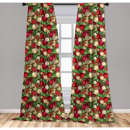 Ruby Green Christmas Curtains Tree Branches Spruce Leaves Balls Bells Cones Flowers Window Treatments for Living Room Bedroom