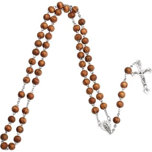 Handmade Round Bead Catholic Rosary Cross Religious Wood Beads Necklace Gift