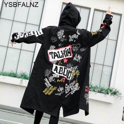 Graffiti Trench Coat Girl 2021 New Military Outwear Woman Cartoon Print Oversize Winderbreaker Black Overcoat For Women Clothing