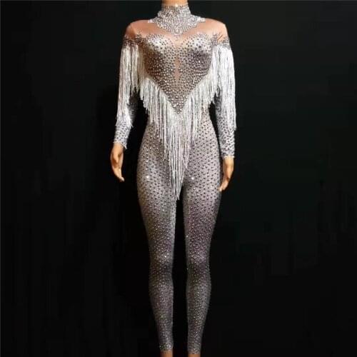 T58 Female sexy rhinestone jumpsuit pole dance dress birthday party wears outfit stretch crystal leotard dance costume diamonds