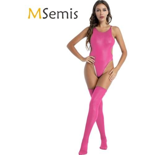 Womens Hollow Out Back High Cut Lingerie Teddies Bodysuit with Stocking for Nightclub Stage Show Sexy Lingerie Teddies Costume