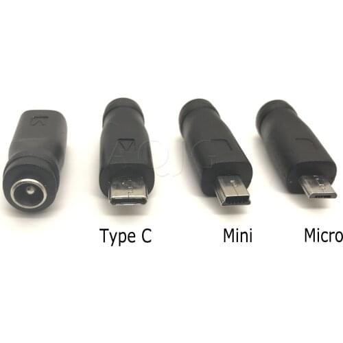 1pcs 5.5 x 2.1 mm Female to Mini Micro USB Type C Male 5 Pin DC Power Plug 180 Degrees Connector Adapter for V8 Android
