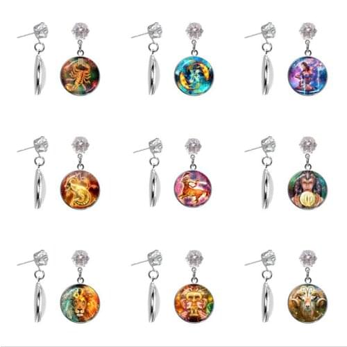 12 Constellation Aries Leo Pisces Earrings Zodiac Sign Art Pattern Glass Crystal Stud Earrings for Women Girls Birthday Gifts