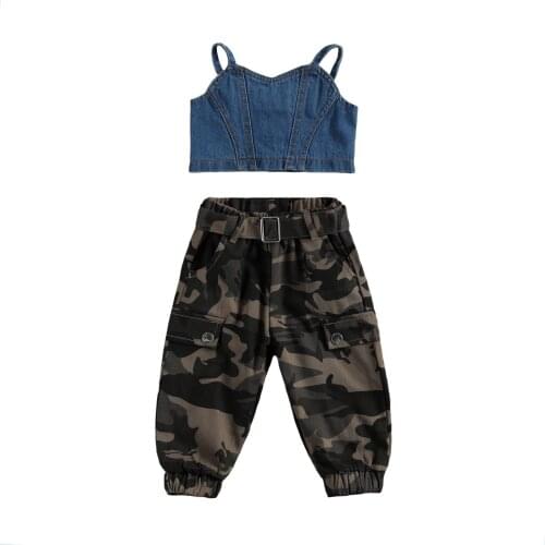2021 0-6Y Toddler Girl Clothing Summer Outfits Casual Button Down Denim Crop Tank Tops+Camouflage Harem Pants Set 2pcs Outfits