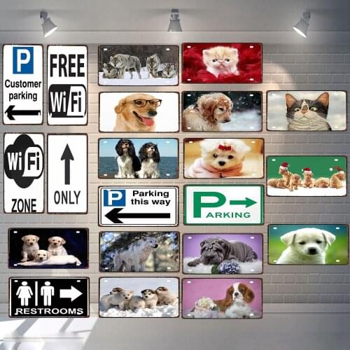 30X15CM Cute Dog Cat License Plate Bar Wall Decoration Vintage Metal Sign Pet Shop Home Decor Plaques Poster DC-0040A