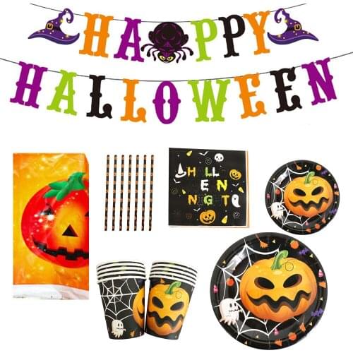 78pcs Happy Halloween Disposable Tableware Set Halloween Party Decorations Disposable Plates Cups Straws Napkins Banners