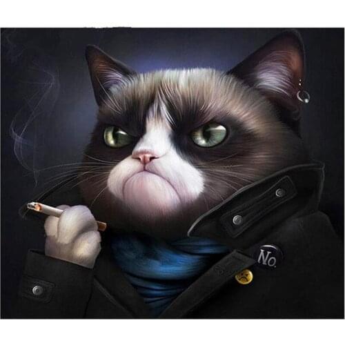 5D DIY Diamond Painting Cat Crystal Diamond Painting Cross Stitch Lovely Black Cat Smokes Needlework Home Decorative