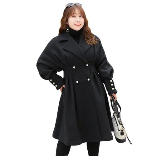 Plus Size Lapel Solid Color Winter overcoat Womens New Long Wool Coats Fashion Pleated Button Womens woolen Windbreaker Jacket