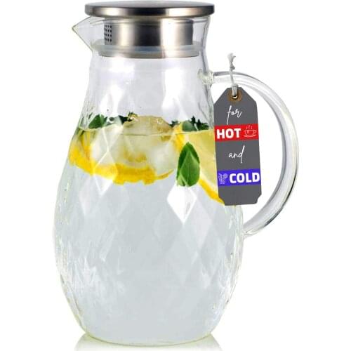Borosilicate Glass Pitcher with Lid Spout Cold and Hot Water Carafe with Unique Diamond Pattern Beverage Pitcher for Tea Juice