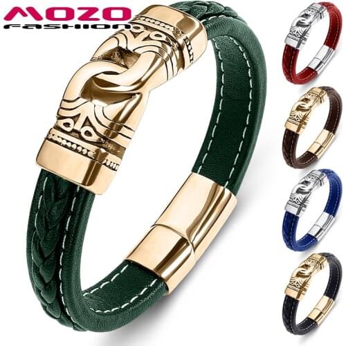 MOZO FASHION Men Punk Jewelry Braided Leather Bracelet Handmade High Quality Trendy Stainless Steel Clasp Wrist Band Gifts 015