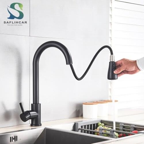 Black Pull Out Kitchen Sink Faucet Deck Contemporary Mounted Stream Sprayer Kitchen Mixer Tap Bathroom Kitchen Hot Cold Tap