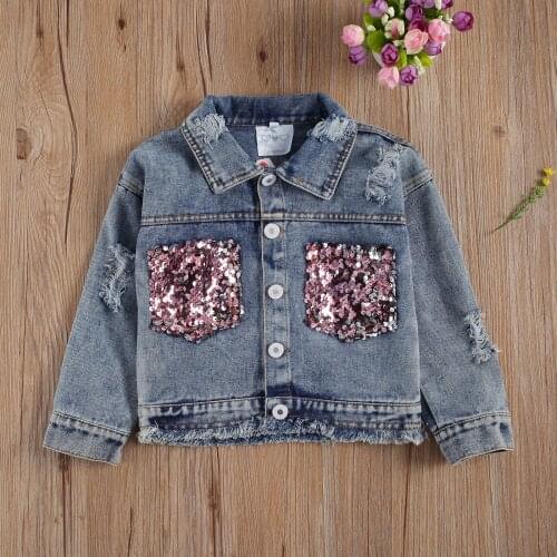 1-6Y Infant Kids Baby Girls Jeans Coat Sequin Leopard Ripped Hole Patchwork Fashion Denim Jackets Tops Spring Autumn Clothes