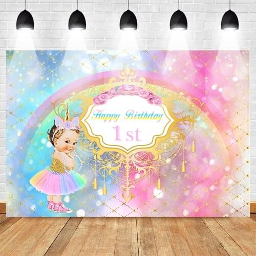 1st Birthday Photography Backdrops Photocall Girl Little Princess Unicorn Rainbow Backdrop Red Blue Party Banner Supplies Props
