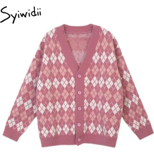 Syiwidii Argyle Cardigan Sweater Women Knitted Shirts Fall 2021 New Black Winter Jacket Harajuku Vintage Oversized V-Neck Coats