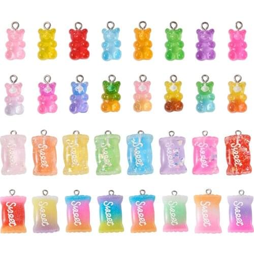 64pcs Colorful Gummy Resin Bear Sugar Pendants Charms with Word Sweet Shape for Keychains DIY Necklace Earrings Jewelry Supplies