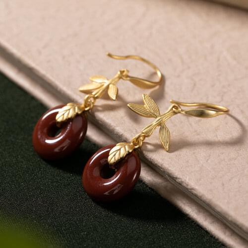 New Silver Inlaid Red Chalcedony Safety Buckle Enamel porcelain Earrings Retro Chinese Style Luxury Noble Womens Jewelry