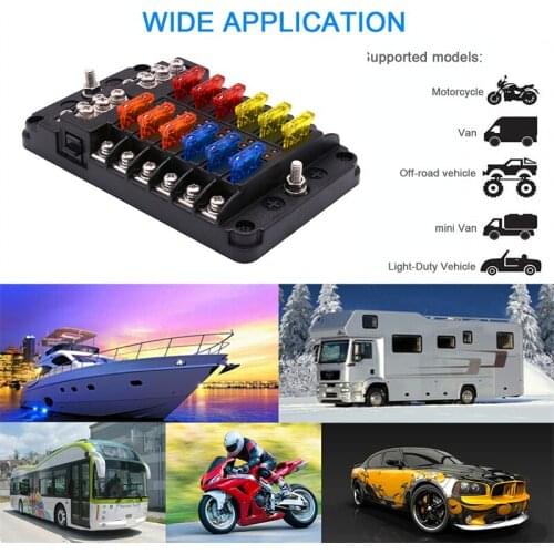 Plastic Cover 12Ways Fuse Box Blade Fuze Block Bracket Screw Nut Terminal With Negative Bus Indicator Suitable For 12-32V Car Rv