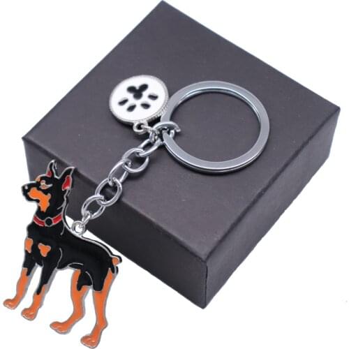 Drop Ship Pet Animal Lover Metal Black White Dog Paw Print Doberman Dog Keychains Dog Shape Jewelry For Car Women Bags Decor DIY
