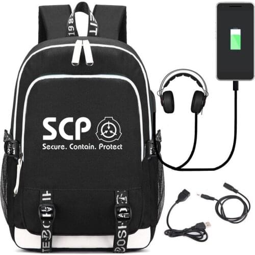 Game SCP Backpack Bag USB Port /Headphone Rucksack Bag Teenager Student School Laptop Black Mochila