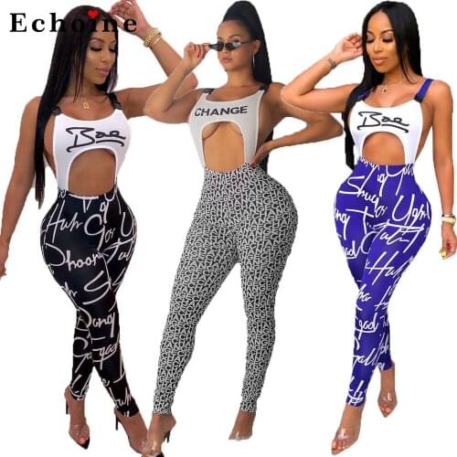 Sexy Trendy Letters Print Women Bodycon Jumpsuits Siamese Pants Rompers Patchwork Hollow Out Overalls Backless Ladies Catsuit