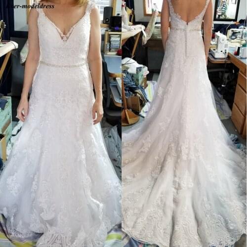 Vestido De Noiva Sheath Wedding Dresses Lace Appliques V-Neck Backless Sweep Train Bridal Gowns Bride Dress 2020