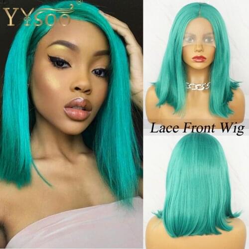 YYsoo Short Green Silky Straight Synthetic Hair 13x4 Lace Front Wigs for Women Glueless Pre Plucked Heat Resistant Fiber BoB Wig