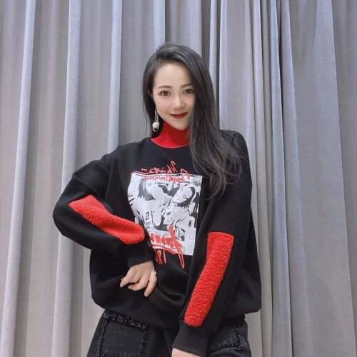 Women Winter Warm Thicken Velvet Sweatshirt Stand Collar Loose Hoodies Anime Pattern Oversize Pullovers