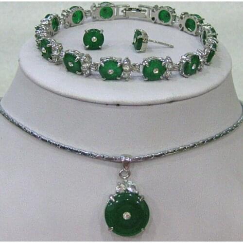 Womens natural green Malay jade metal silver plated pendant bracelet earring set