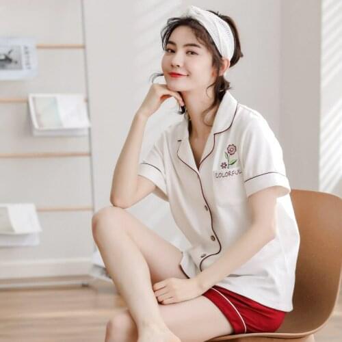 Women summer new cotton cardigan pajamas short sleeve shorts thin knitted casual two piece suit women pajamas sets pajama set